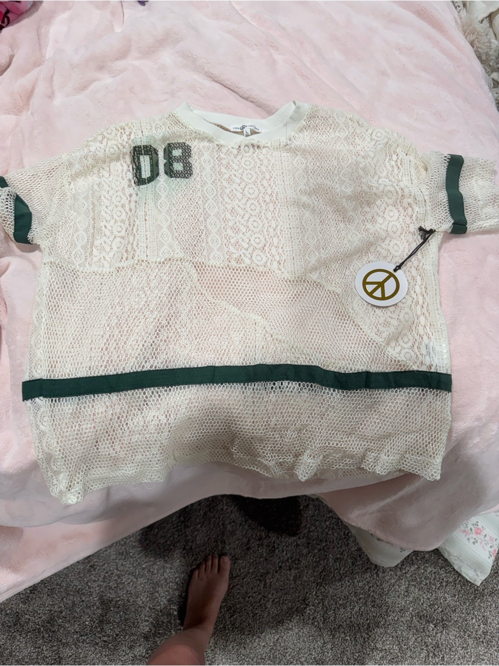 Lace Mesh Top with Green Trim